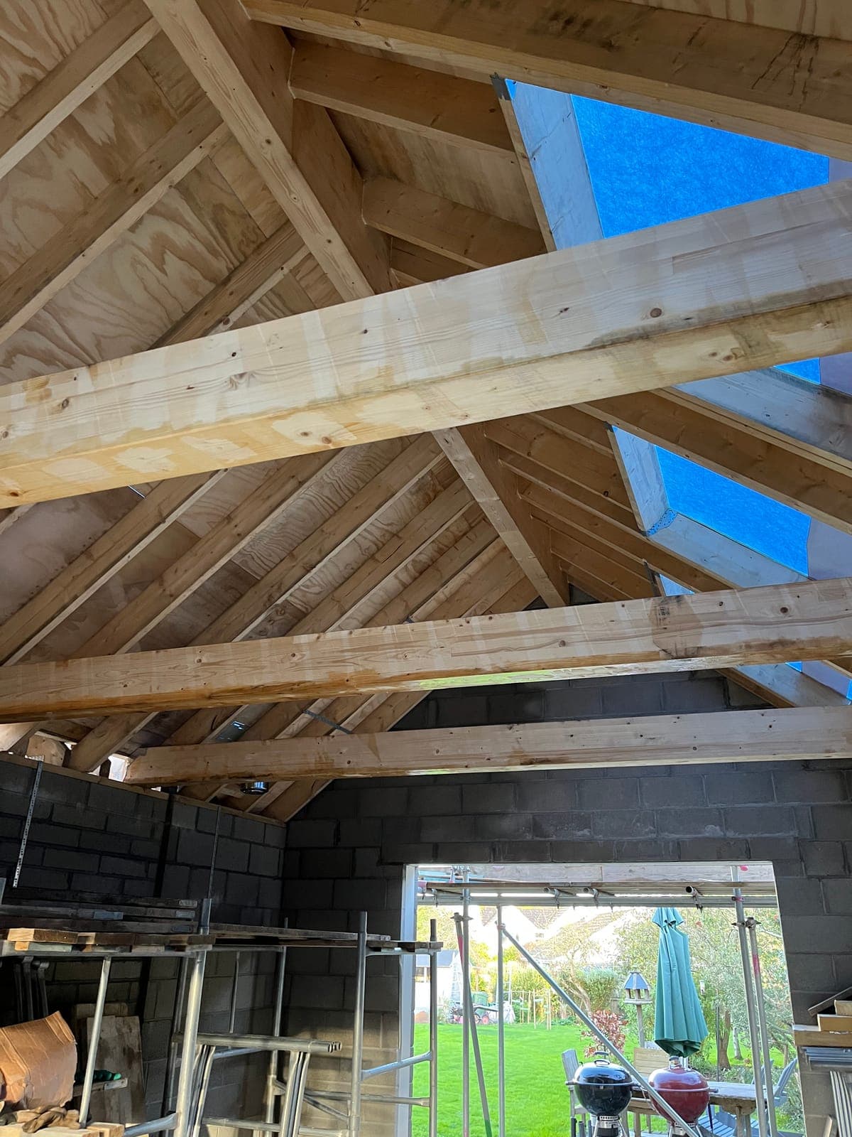 Timber roof structure with rafters and purlins on a Cornwall building project