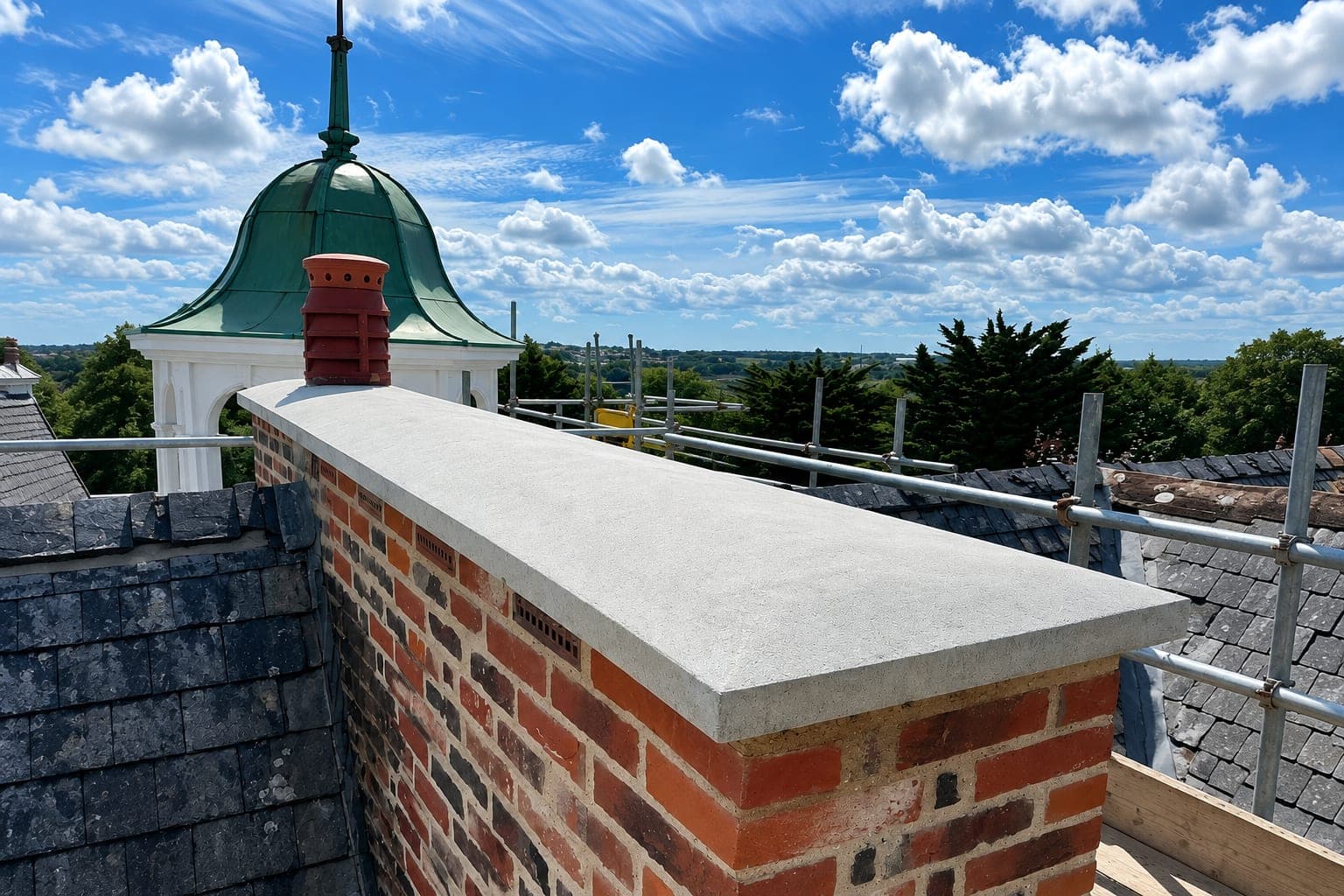 Restored brick chimney stack with a new stone coping and terracotta pot on a listed building in Cornwall